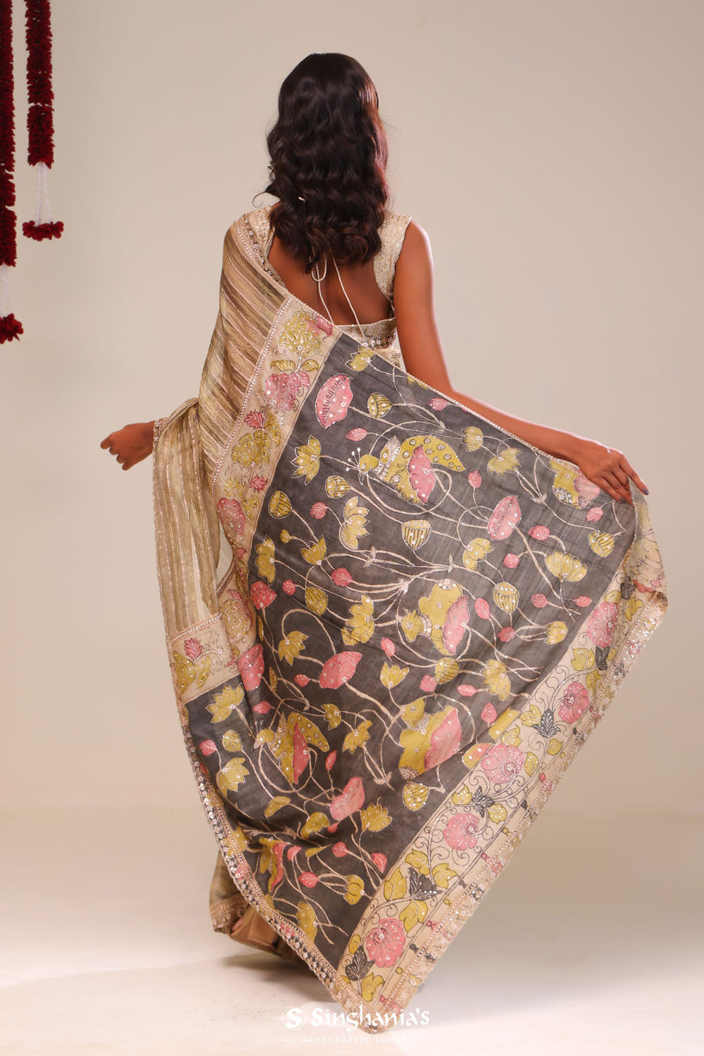 Khaki Green Handcrafted Designer Tissue Saree