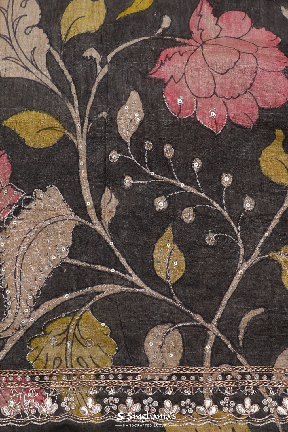 Khaki Green Handcrafted Designer Tissue Saree