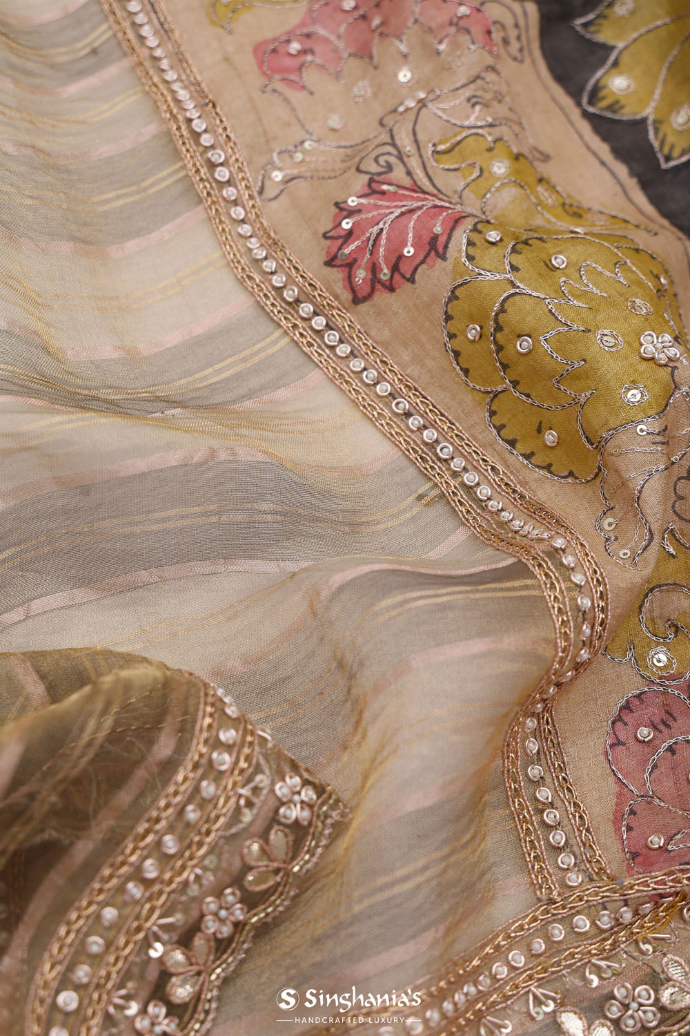 Khaki Green Handcrafted Designer Tissue Saree