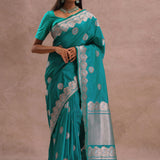 Teal Blue Banarasi Saree With Gold And Silver Zari Border