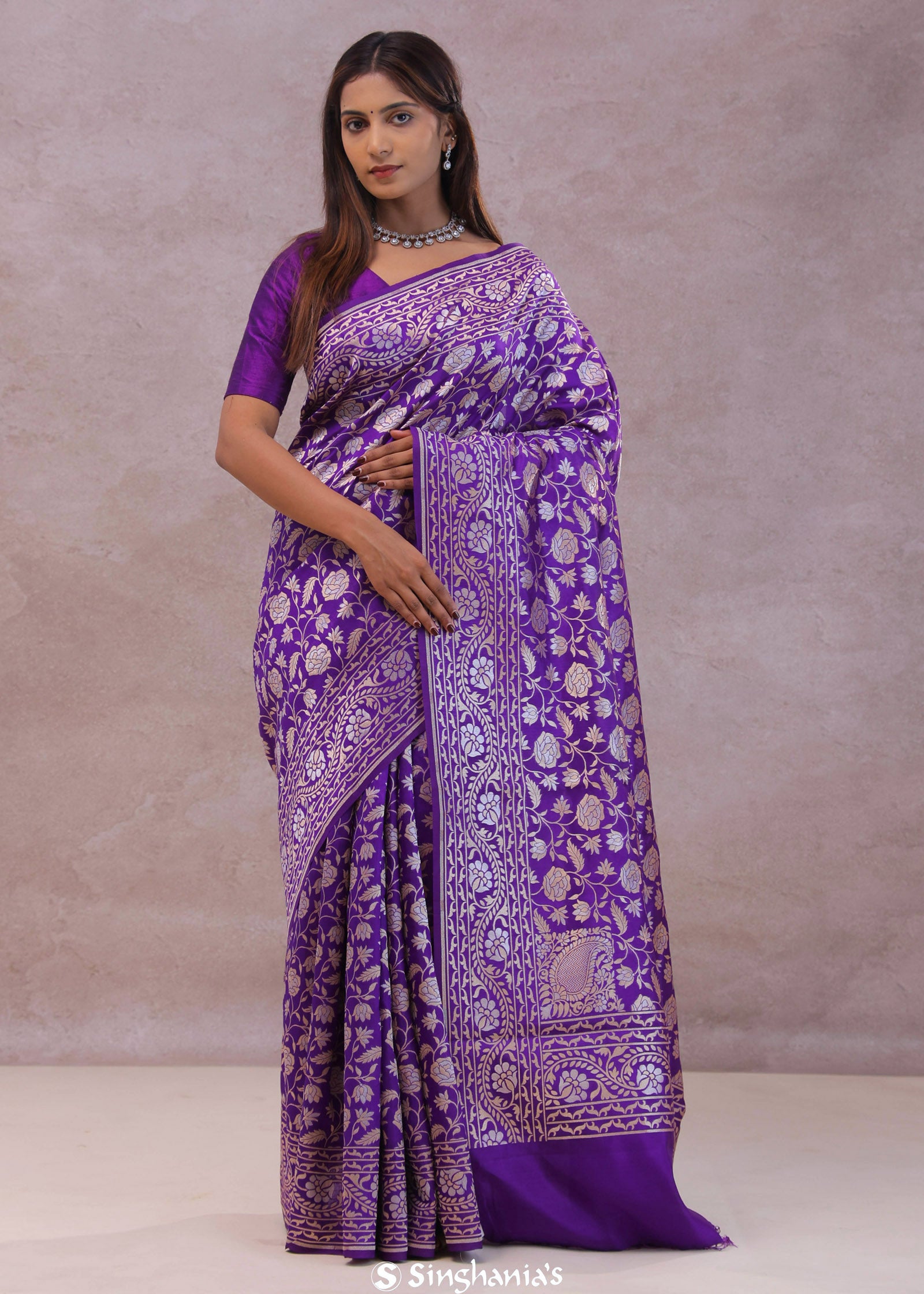 Violet Banarasi Silk Saree With Floral Design