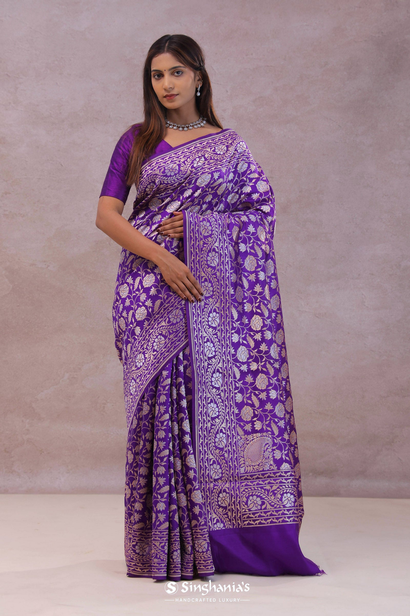 Violet Banarasi Silk Saree With Floral Design