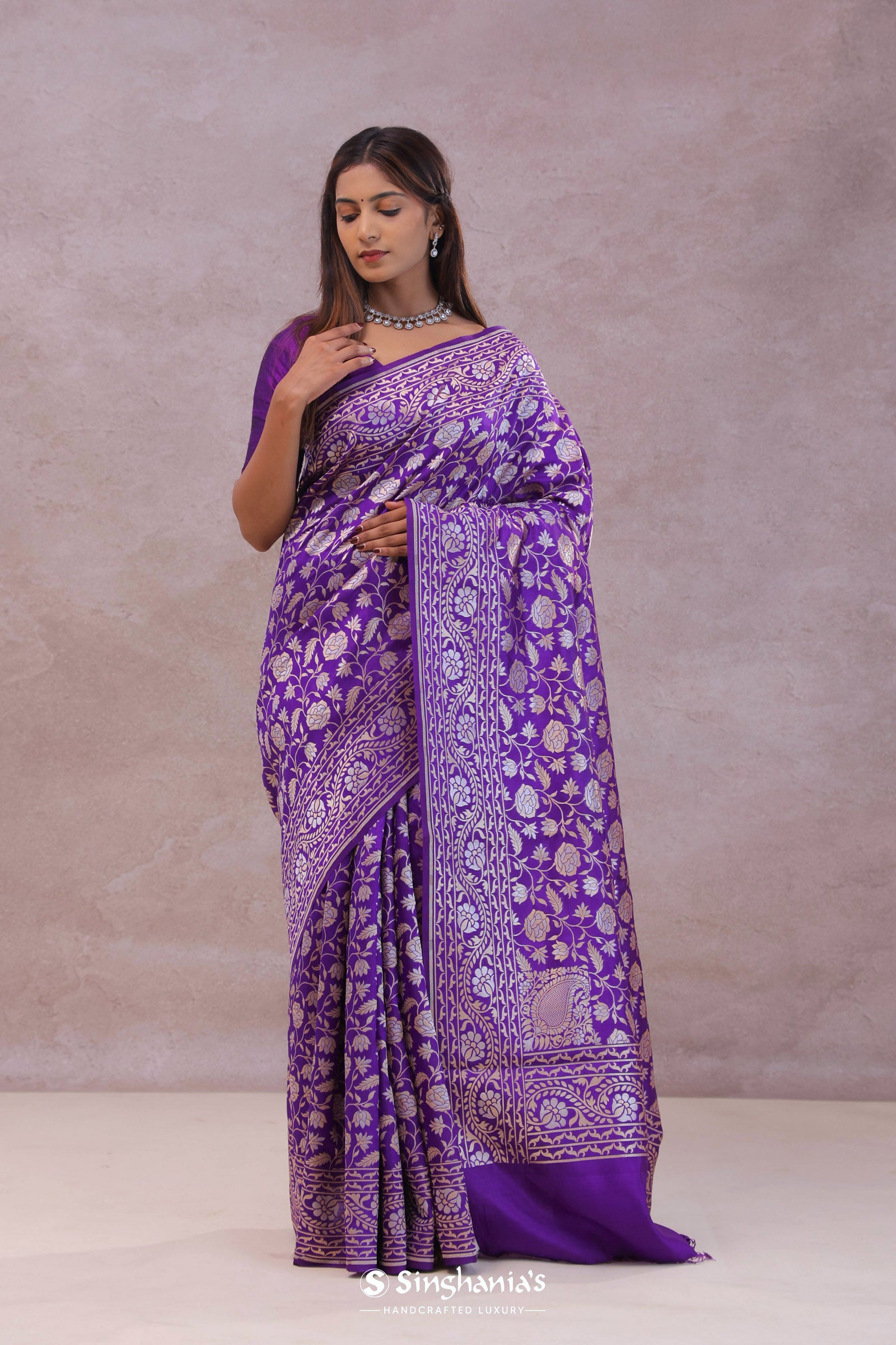 Violet Banarasi Silk Saree With Floral Design