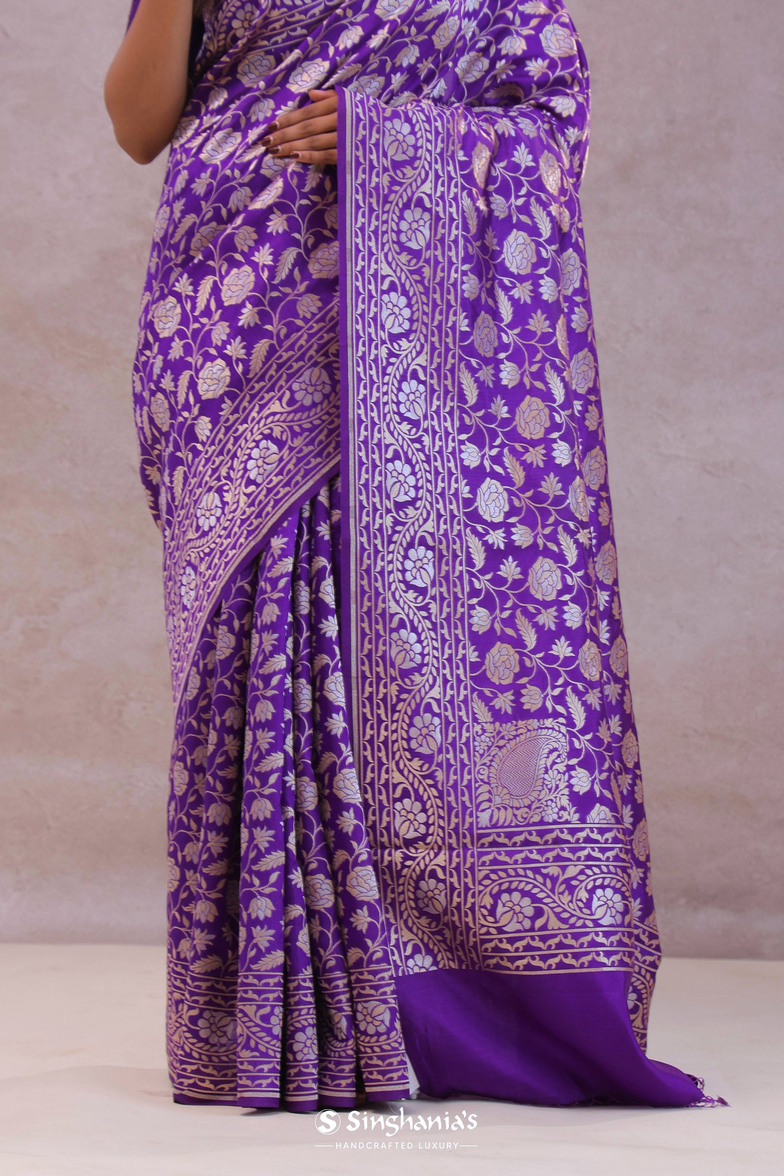Violet Banarasi Silk Saree With Floral Design