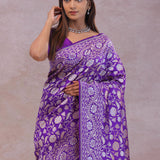 Violet Banarasi Silk Saree With Floral Design