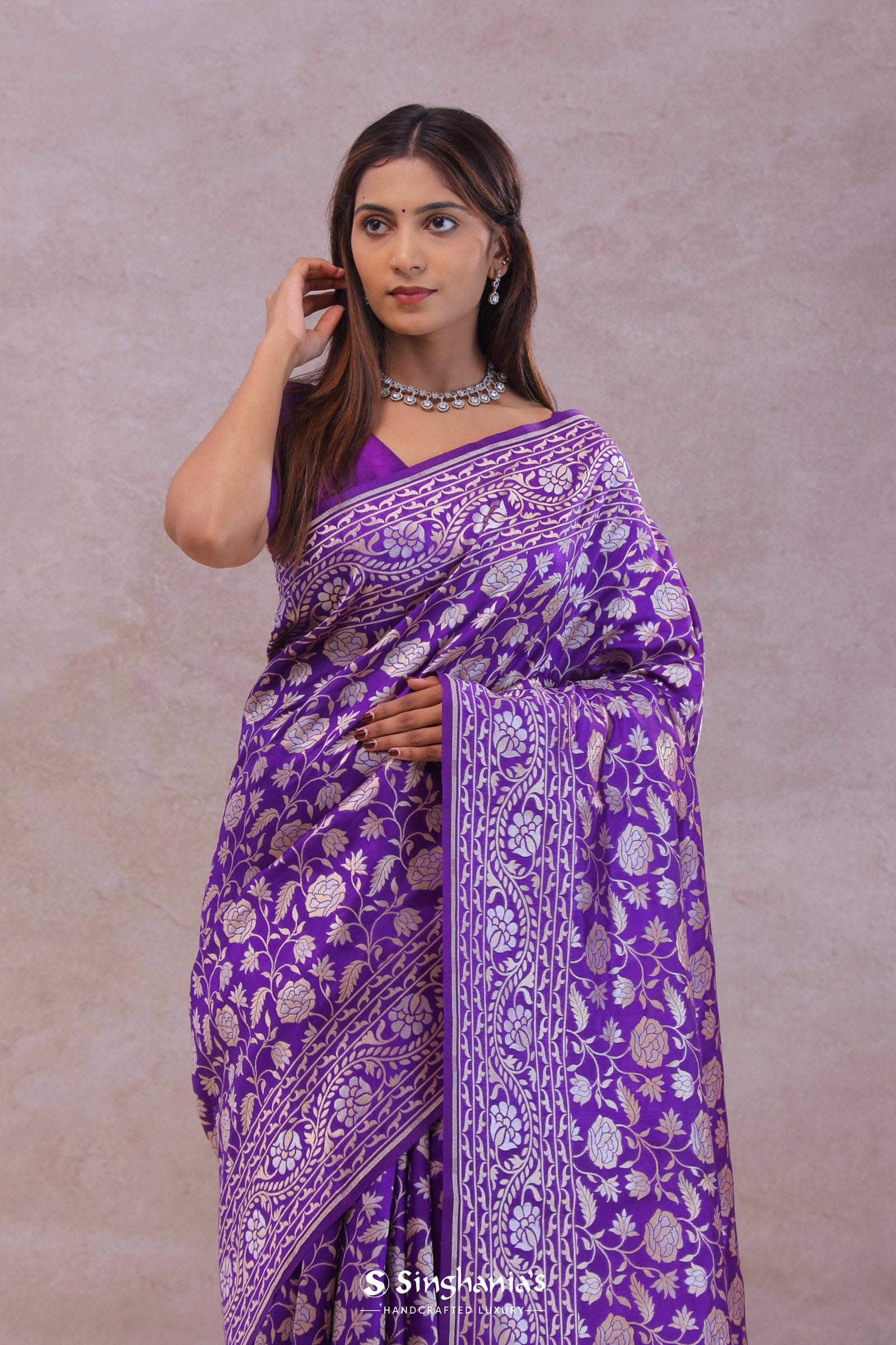 Violet Banarasi Silk Saree With Floral Design