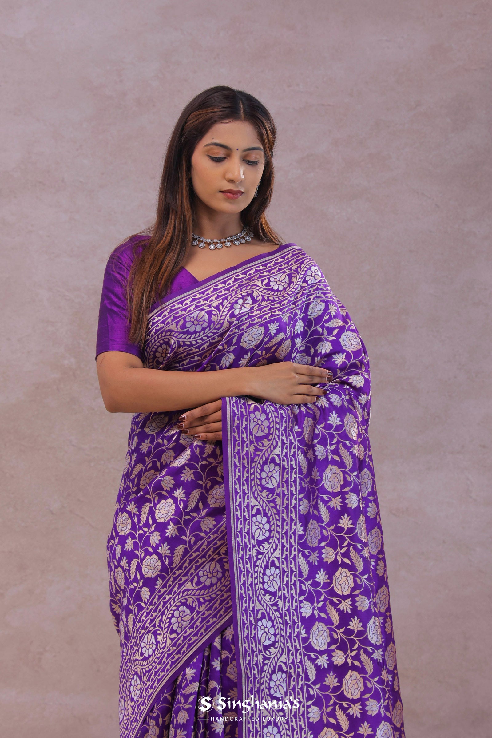 Violet Banarasi Silk Saree With Floral Design