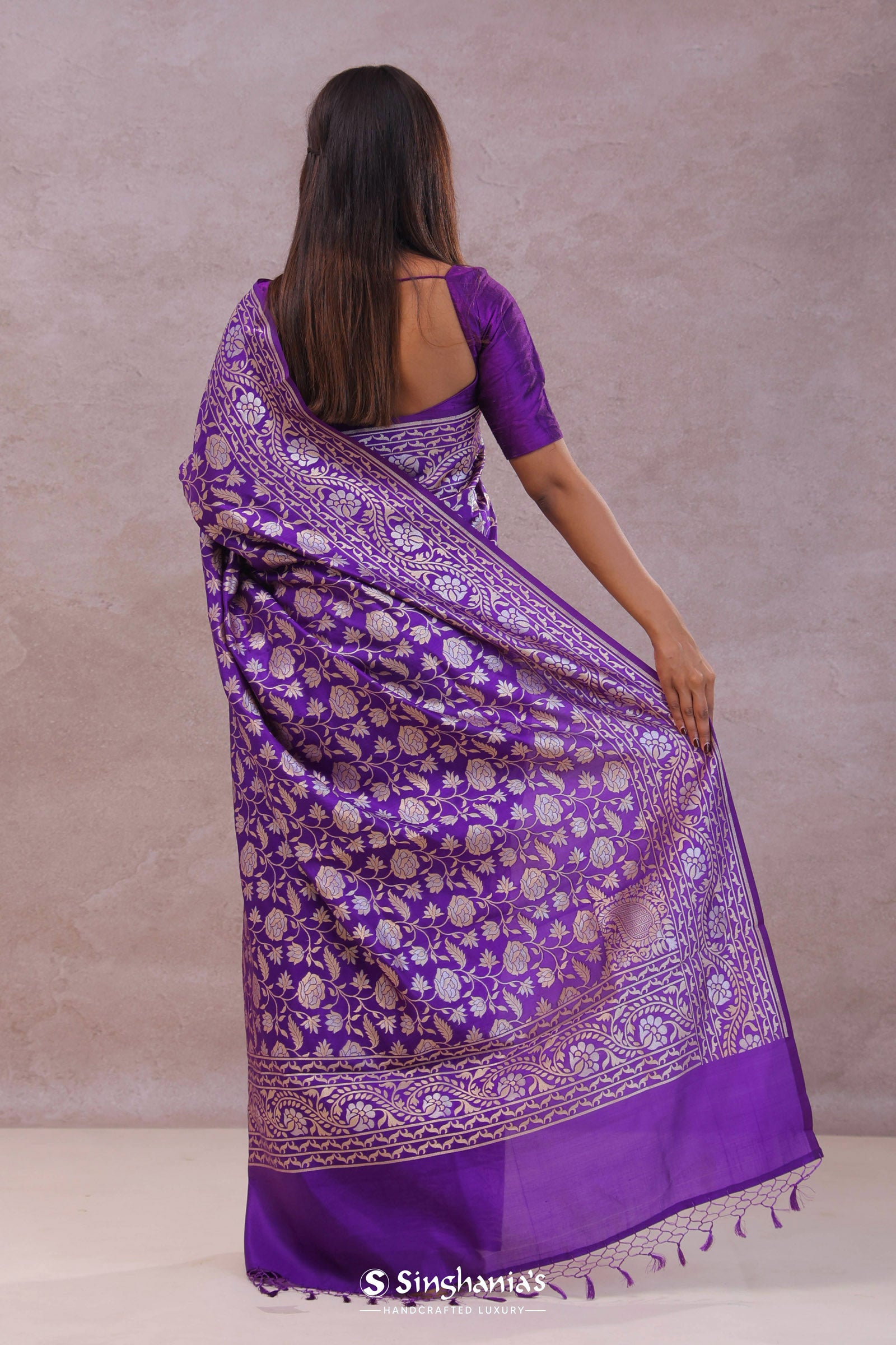 Violet Banarasi Silk Saree With Floral Design