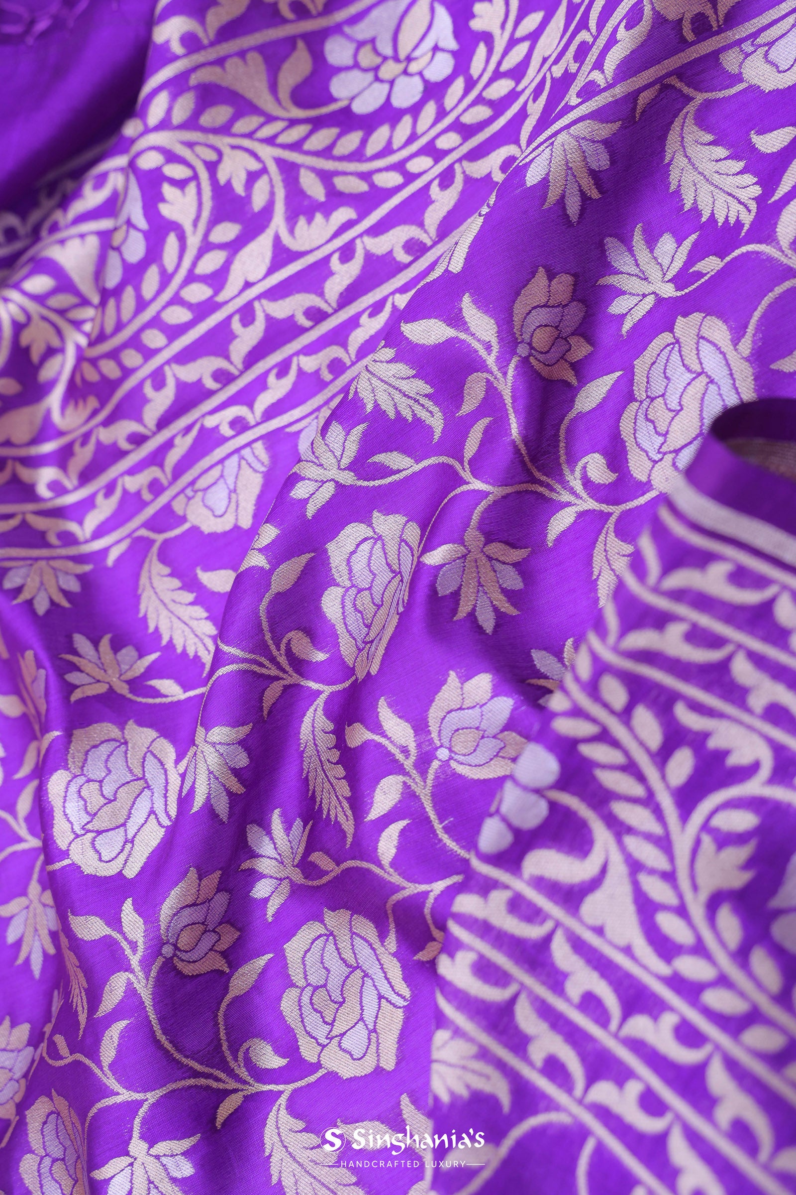 Violet Banarasi Silk Saree With Floral Design
