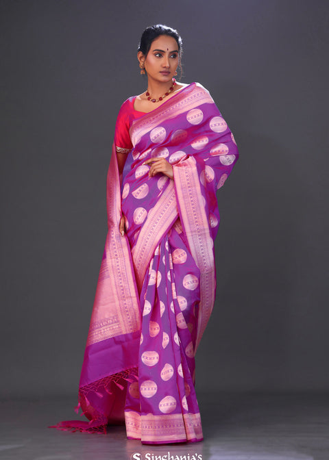 <img> Fuchsia Purple Butta Banarasi Silk Saree