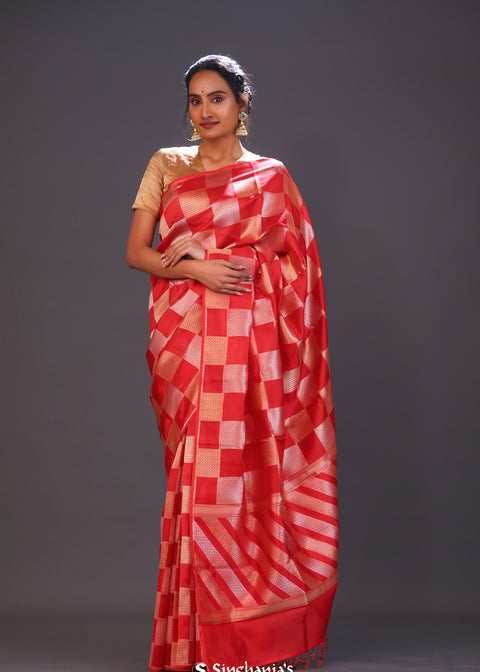 <img> Persian Red Checks Banarasi Silk Saree