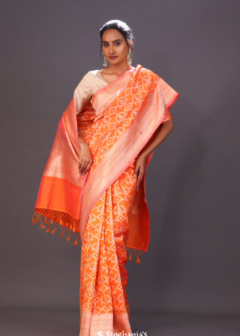 <img> Royal Orange Meenakari Banarasi Silk Saree