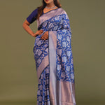 Cobalt Blue Banarasi Saree With Floral Jaal