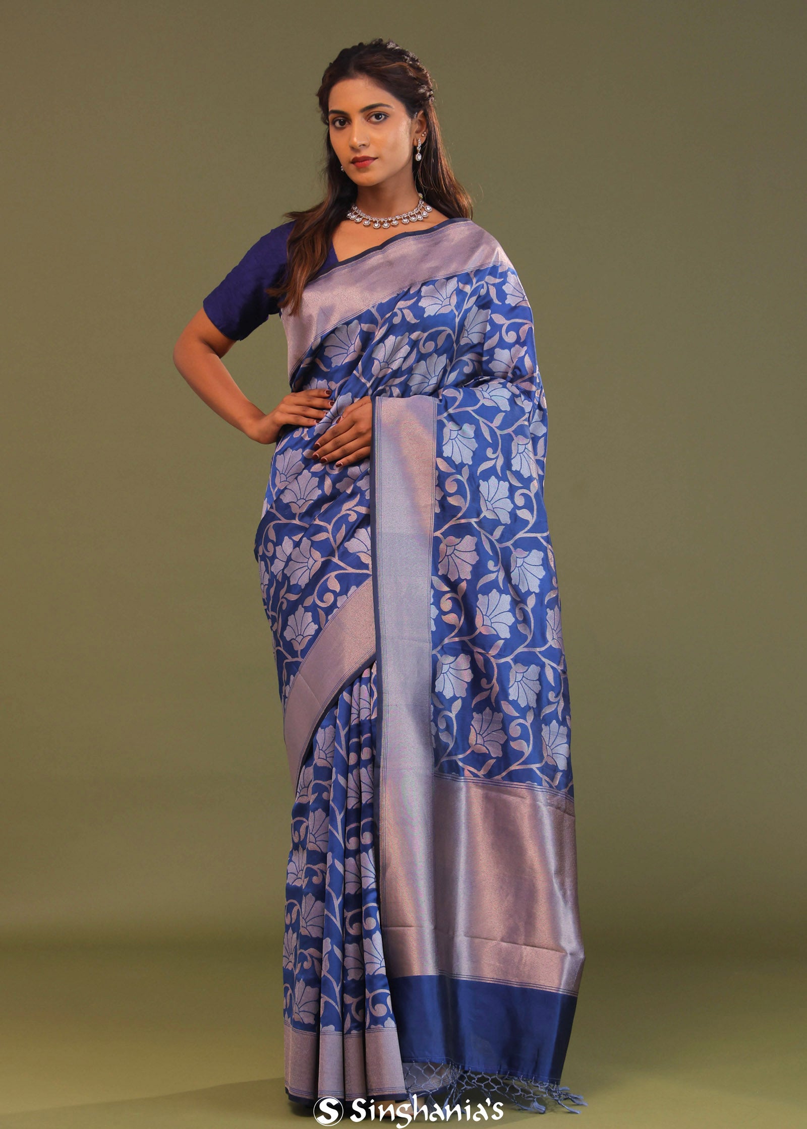 Cobalt Blue Banarasi Saree With Floral Jaal