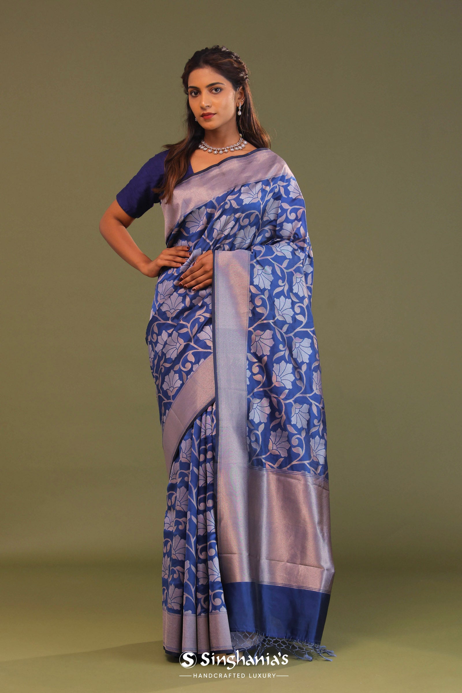 Cobalt Blue Banarasi Saree With Floral Jaal