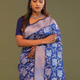 Cobalt Blue Banarasi Saree With Floral Jaal