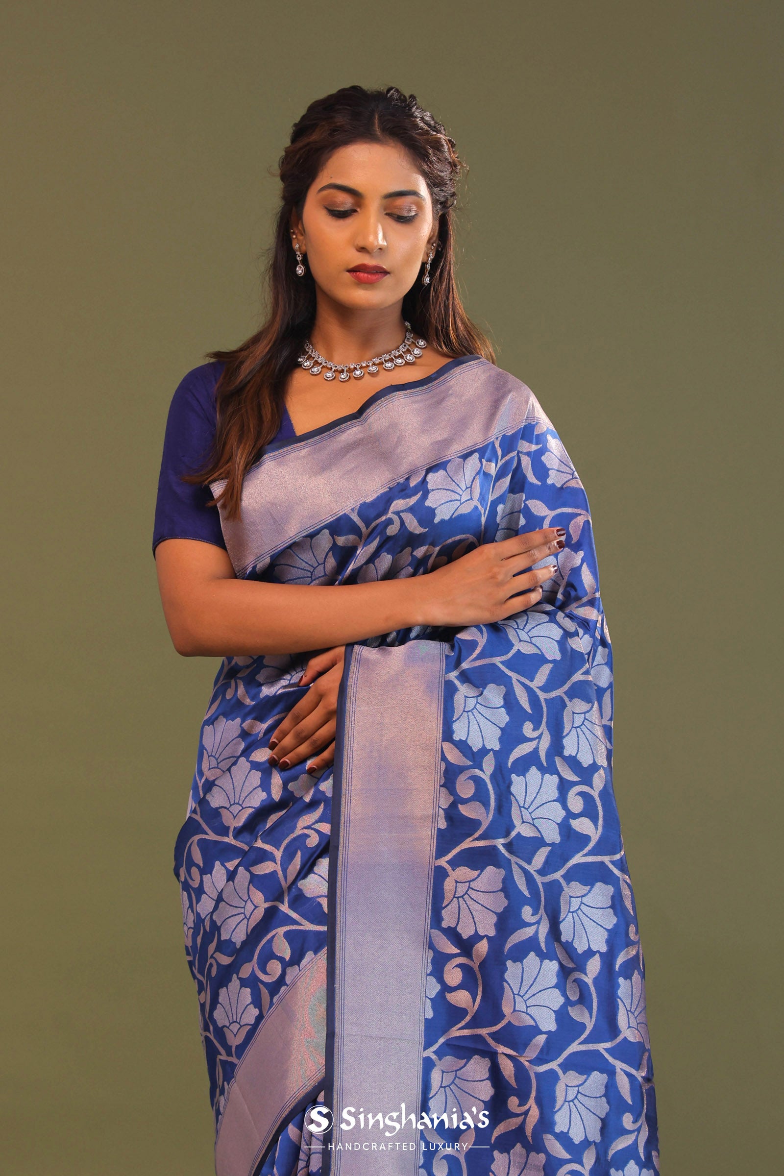 Cobalt Blue Banarasi Saree With Floral Jaal
