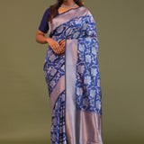 Cobalt Blue Banarasi Saree With Floral Jaal