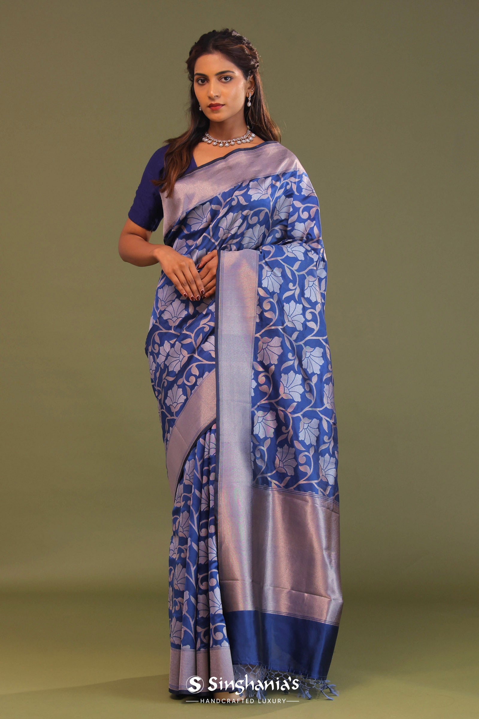 Cobalt Blue Banarasi Saree With Floral Jaal