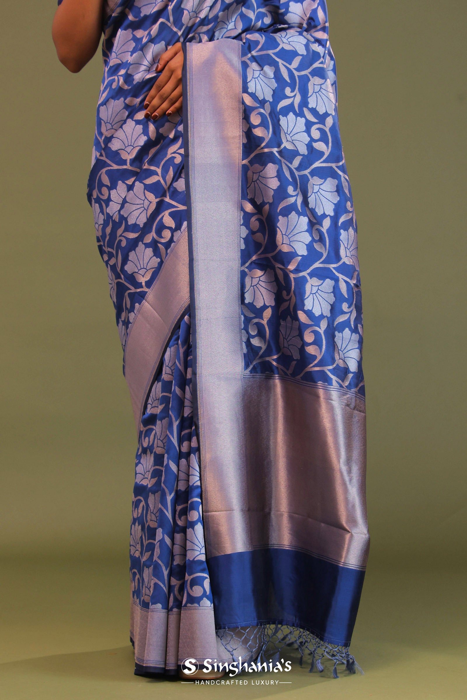Cobalt Blue Banarasi Saree With Floral Jaal