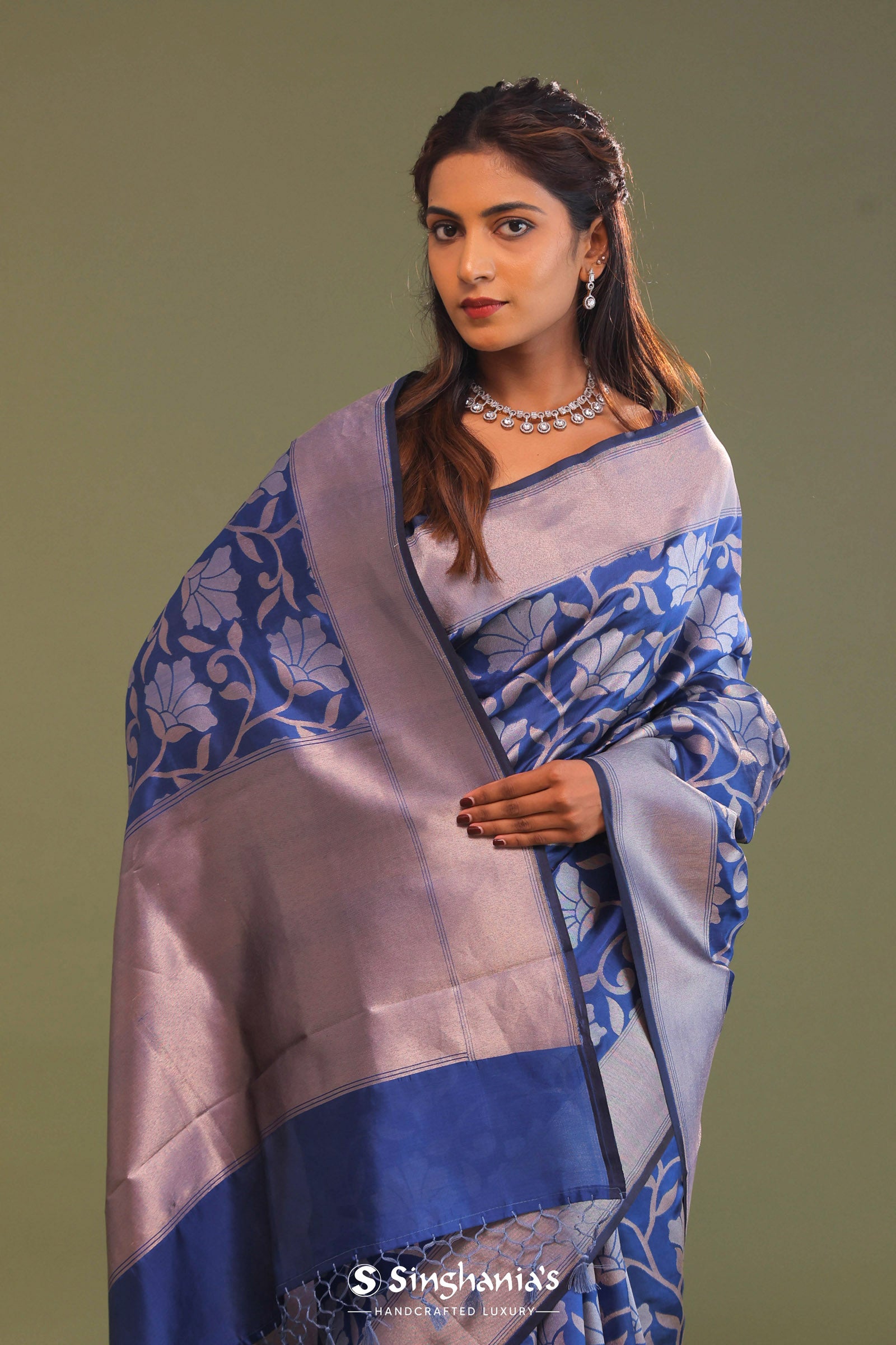 Cobalt Blue Banarasi Saree With Floral Jaal