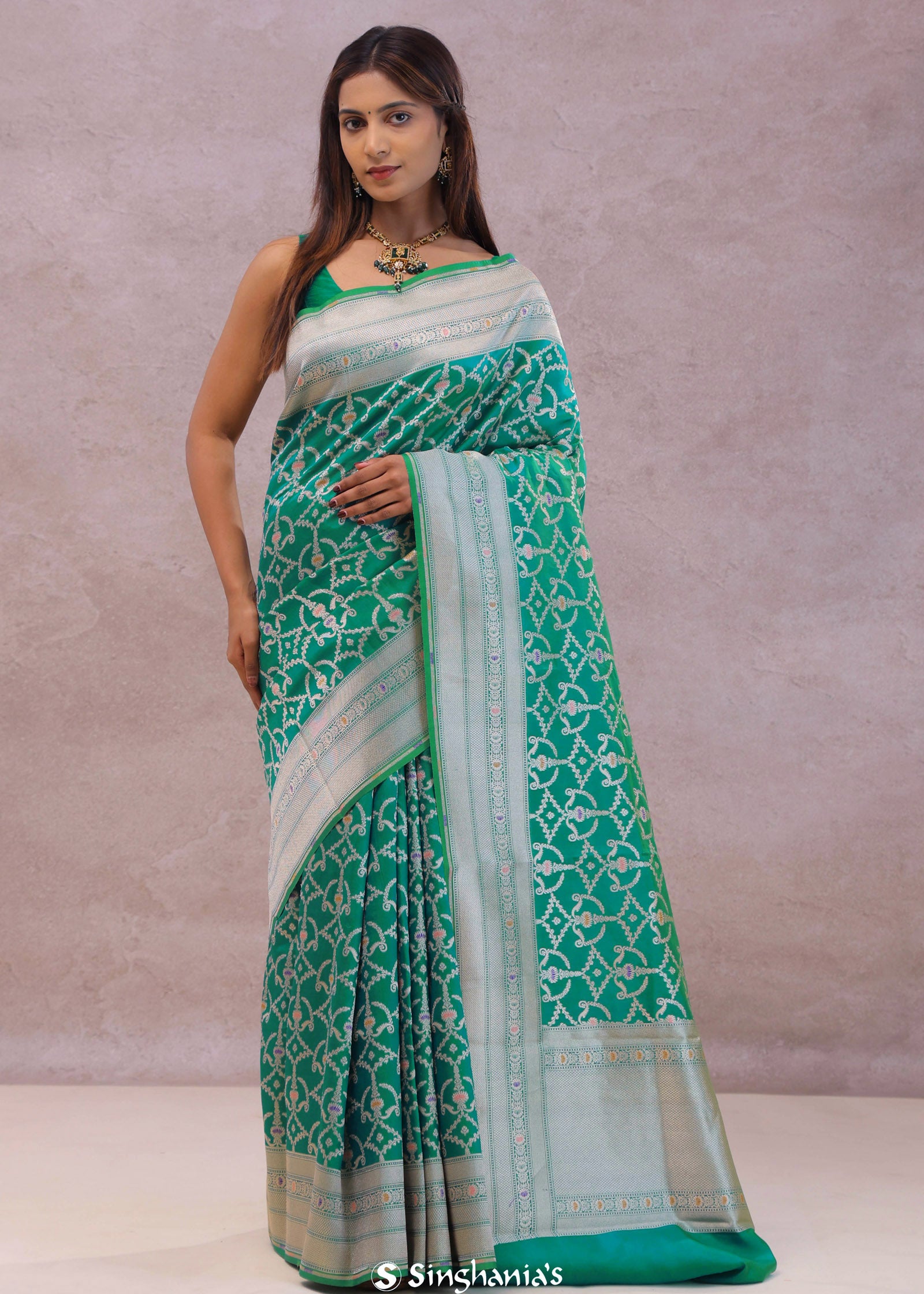 Green Banarasi Silk Saree With Meenakari Design