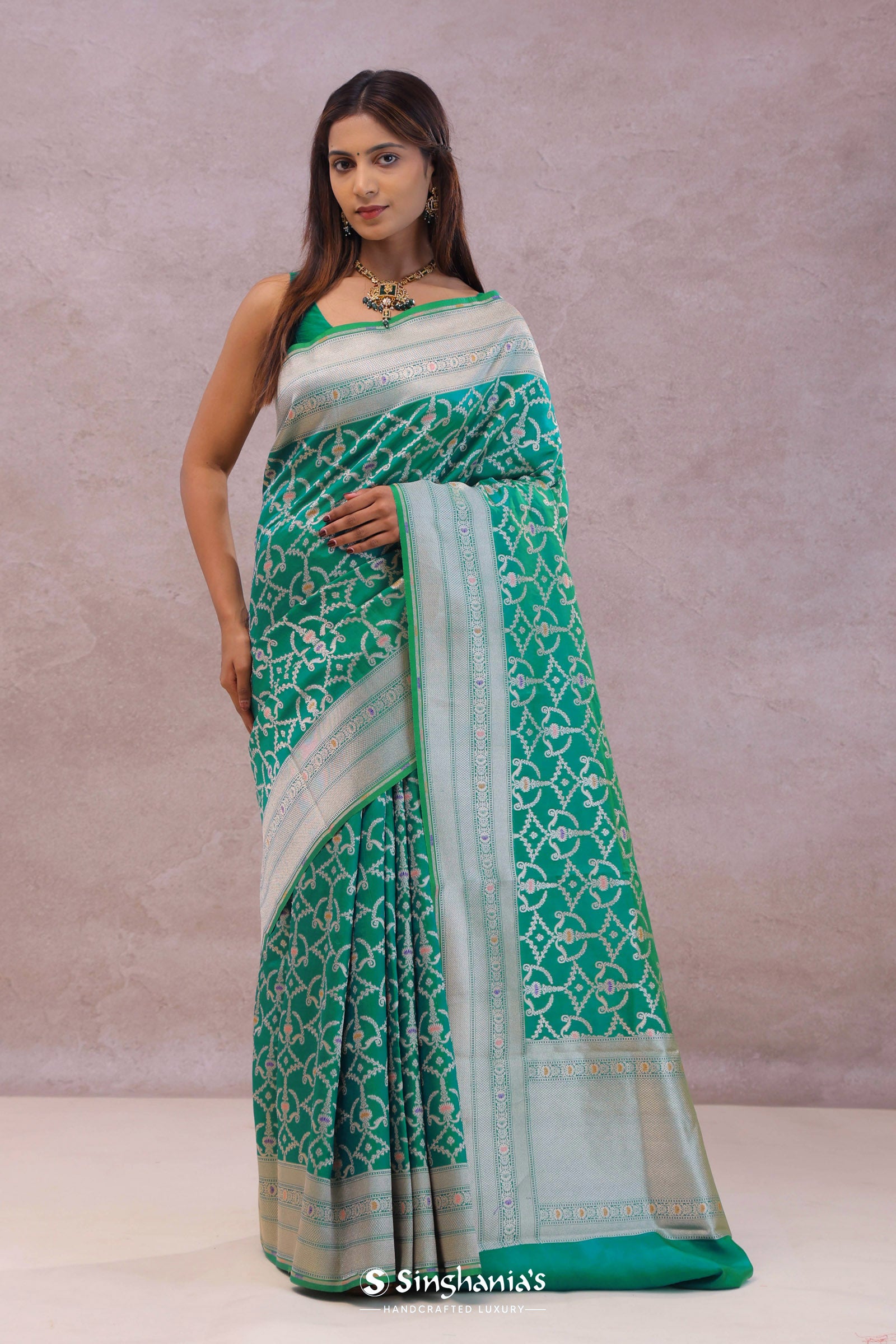 Green Banarasi Silk Saree With Meenakari Design