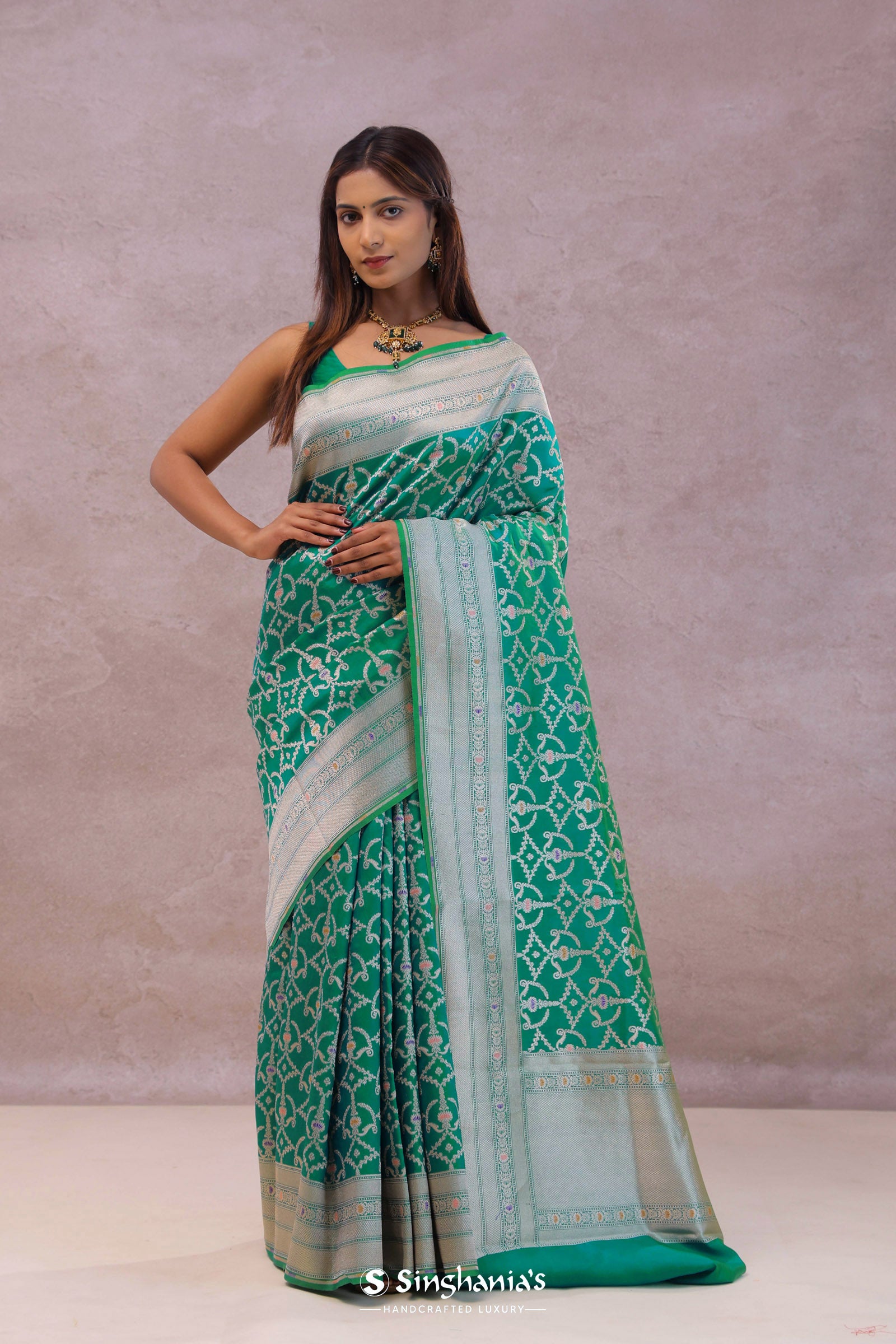 Green Banarasi Silk Saree With Meenakari Design
