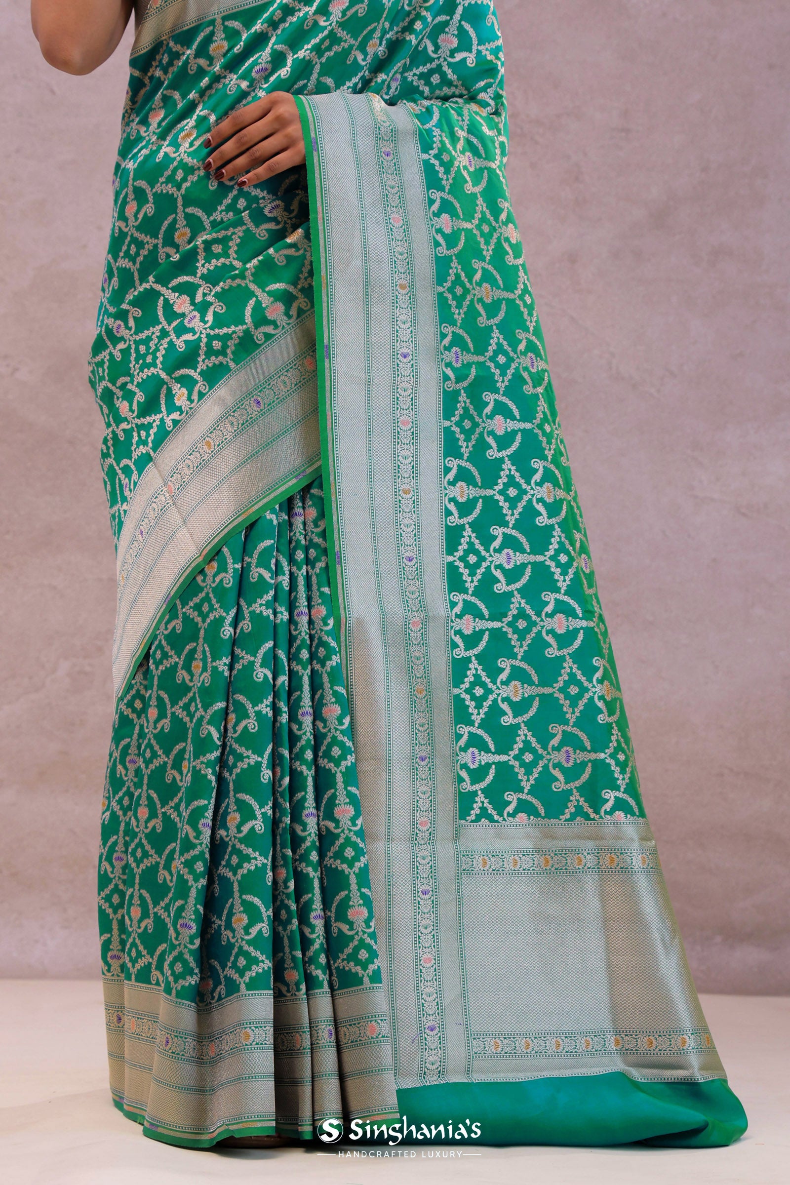 Green Banarasi Silk Saree With Meenakari Design