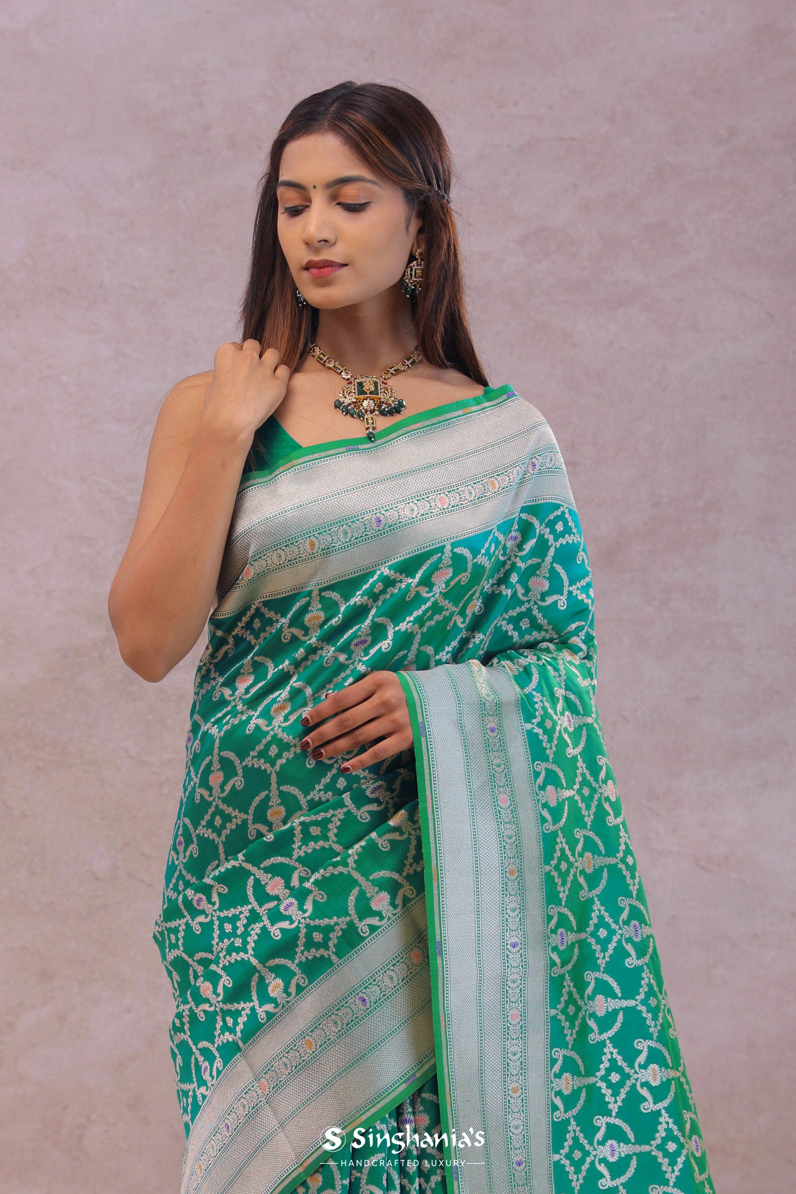 Green Banarasi Silk Saree With Meenakari Design