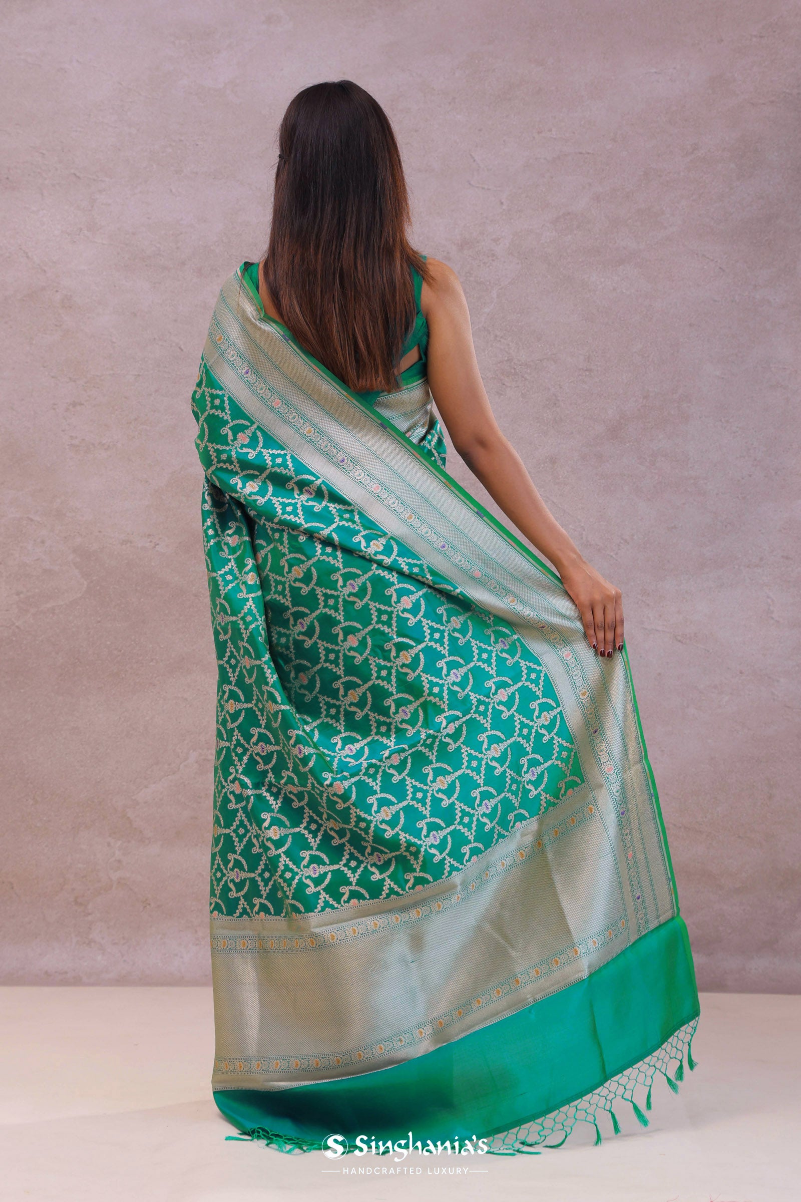Green Banarasi Silk Saree With Meenakari Design