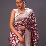Jam Purple Floral Banarasi Silk Saree