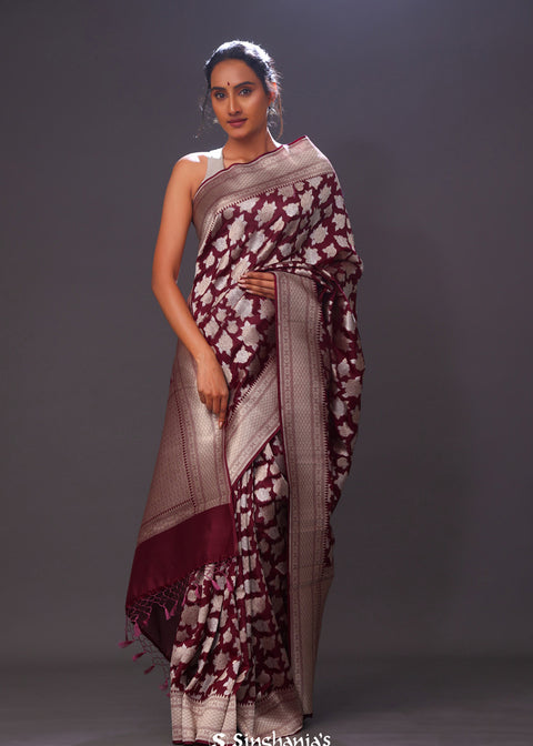 <img> Jam Purple Floral Banarasi Silk Saree