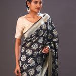 Charcoal Black Floral Banarasi Silk Saree