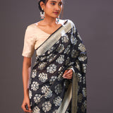 Charcoal Black Floral Banarasi Silk Saree