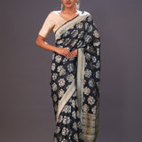 Charcoal Black Floral Banarasi Silk Saree