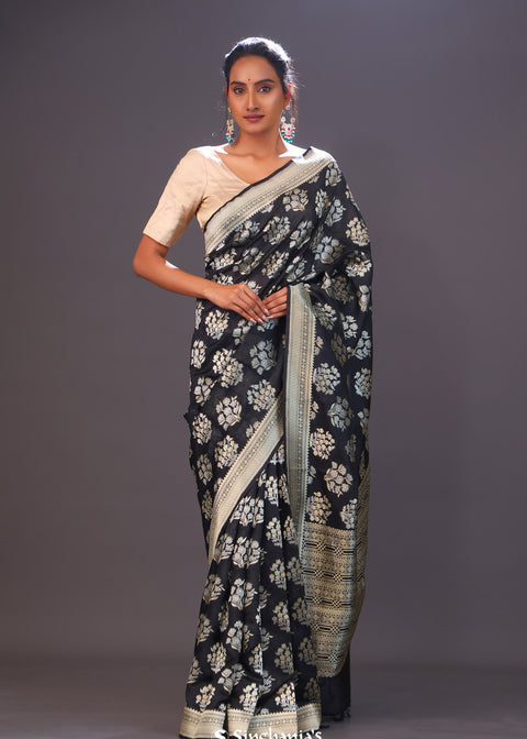 <img> Charcoal Black Floral Banarasi Silk Saree