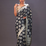 Charcoal Black Floral Banarasi Silk Saree