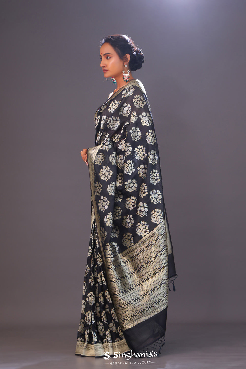 Charcoal Black Floral Banarasi Silk Saree