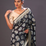 Charcoal Black Floral Banarasi Silk Saree