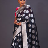 Charcoal Black Butta Banarasi Silk Saree