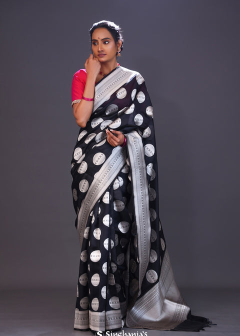 <img> Charcoal Black Butta Banarasi Silk Saree