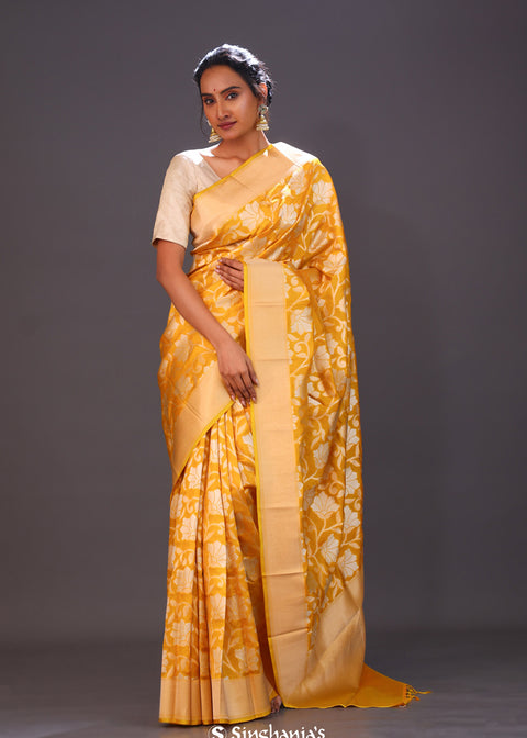 <img> Deep Saffron Jaal Banarasi Silk Saree