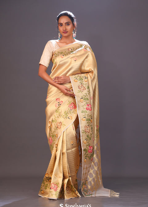 <img> Cream Gold Handcrafted Tissue Banarasi Saree
