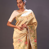 Cream Gold Handcrafted Tissue Banarasi Saree