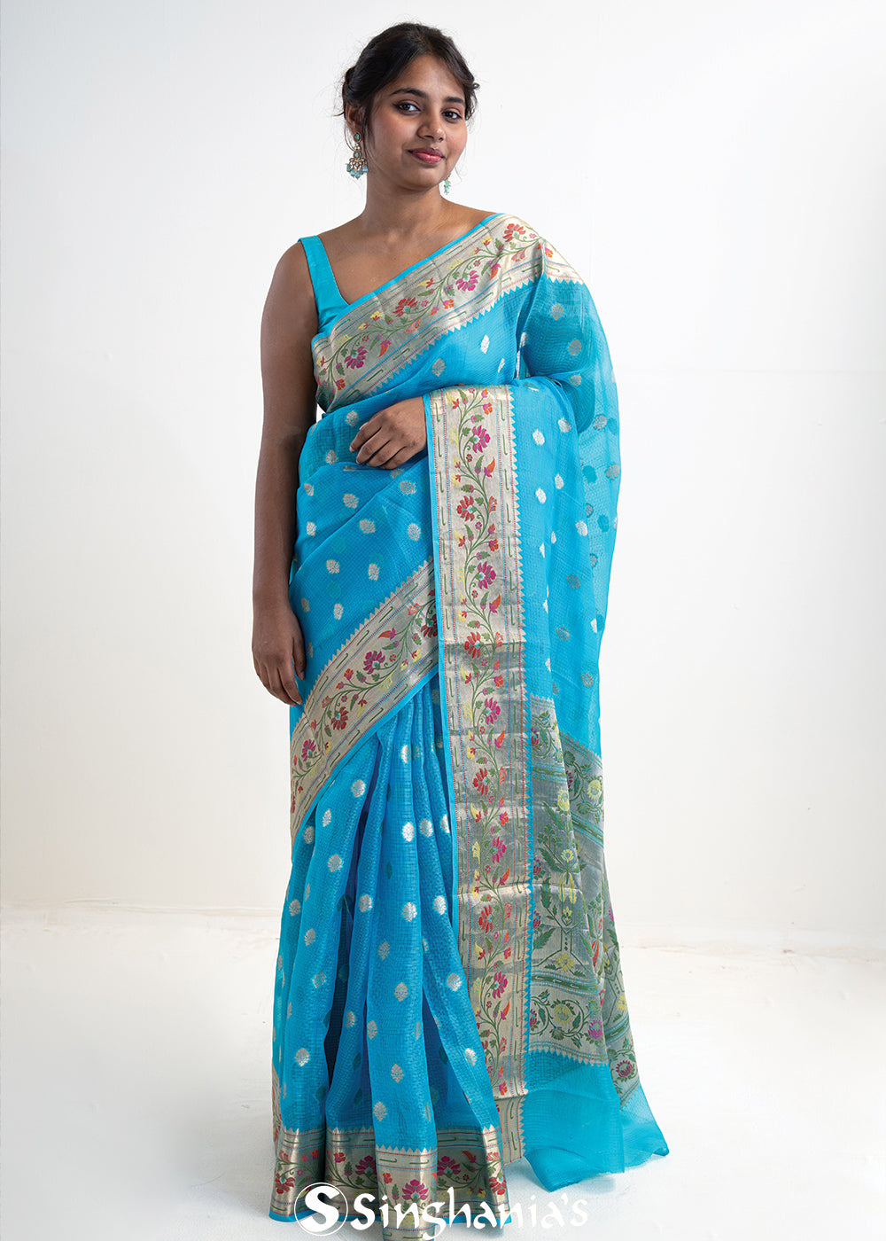 Capri Blue Banarasi Kota Silk Saree With Floral Patterns