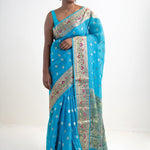Capri Blue Banarasi Kota Silk Saree With Floral Patterns