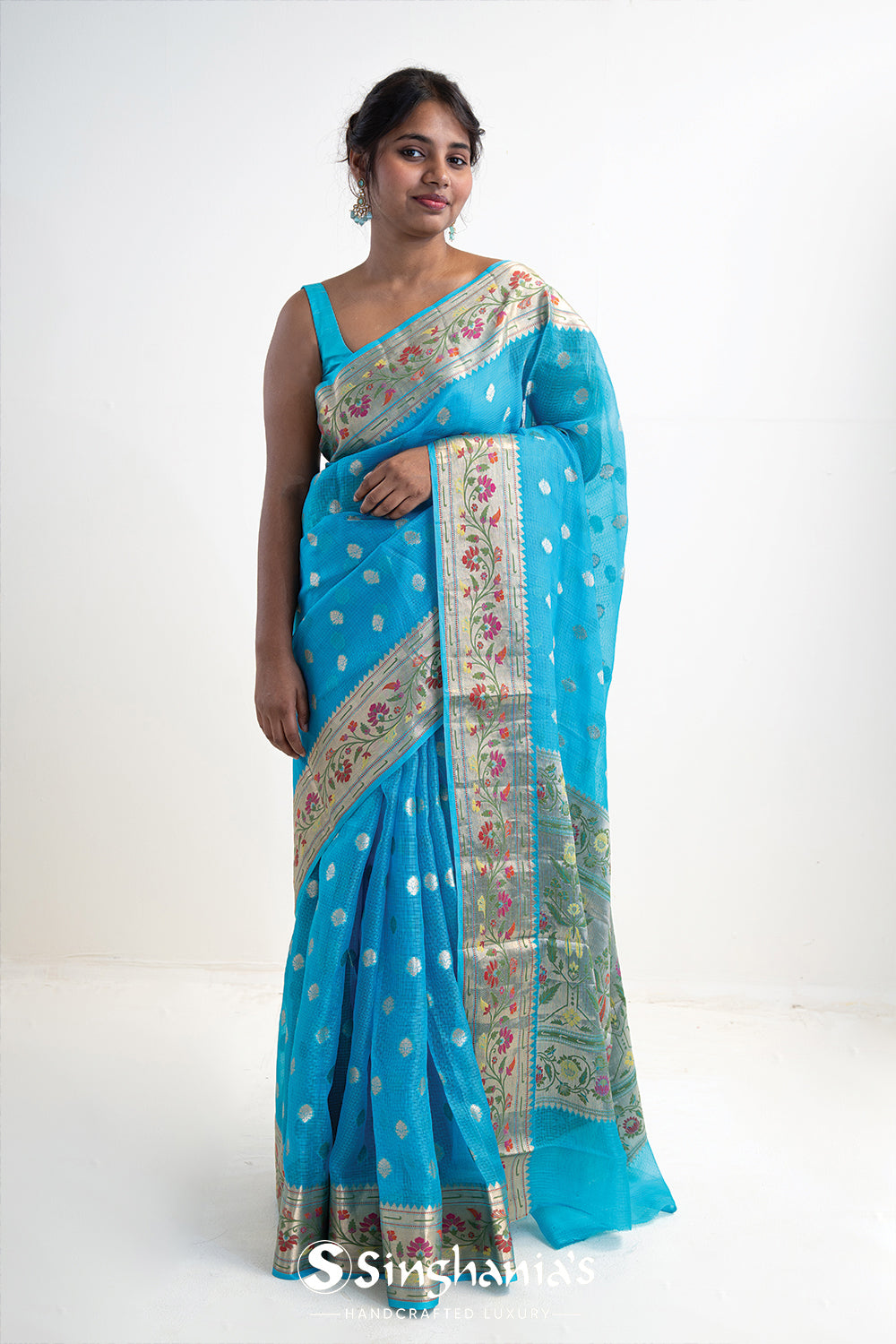 Capri Blue Banarasi Kota Silk Saree With Floral Patterns