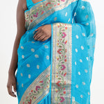 Capri Blue Banarasi Kota Silk Saree With Floral Patterns