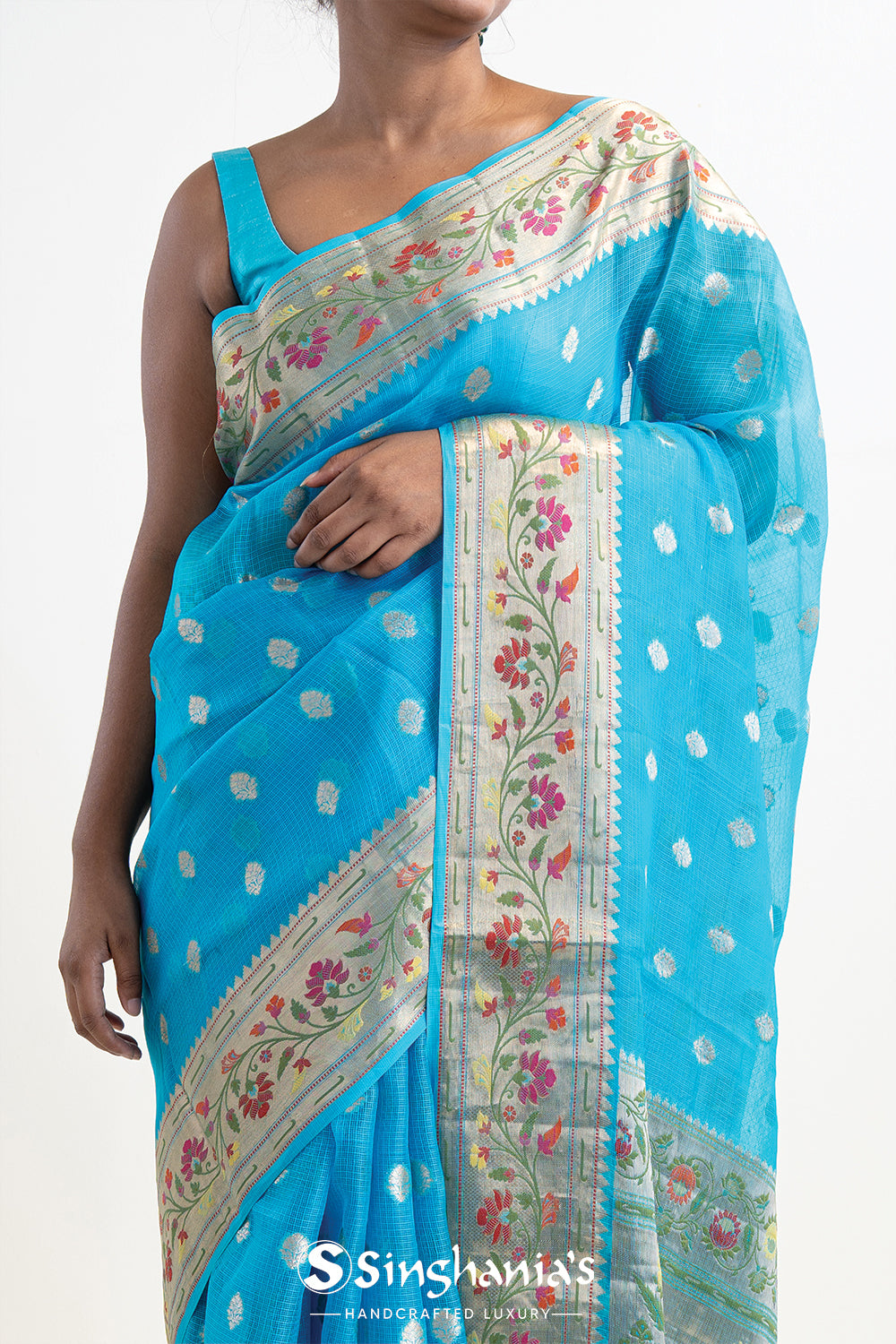Capri Blue Banarasi Kota Silk Saree With Floral Patterns